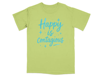 Light green t-shirt with "Happy is Contagious" in light blue text.