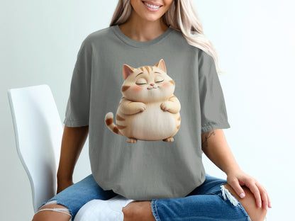 Chubby, contented cartoon cat design on a grey t-shirt.