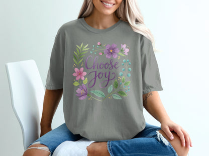Gray t-shirt with floral frame and text "Choose Joy".