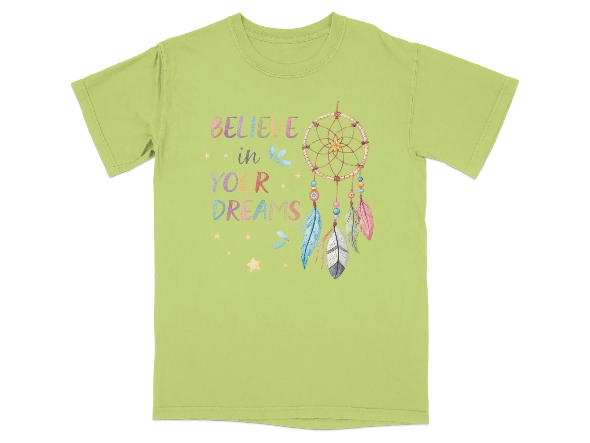 Green t-shirt with a dreamcatcher and "Believe in your dreams" text.