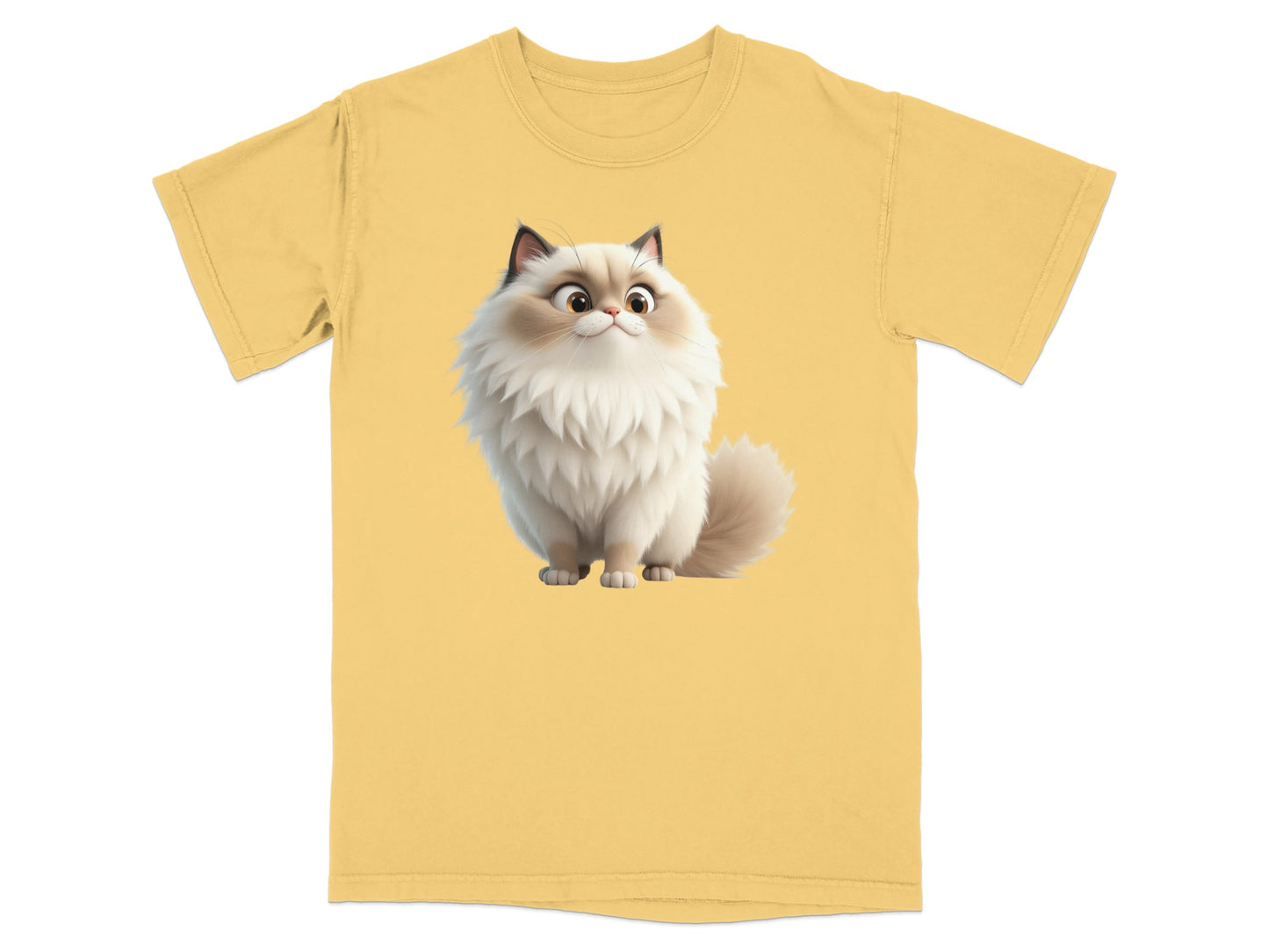 Yellow t-shirt with a cartoon cat illustration.