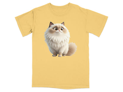 Yellow t-shirt with a cartoon cat illustration.