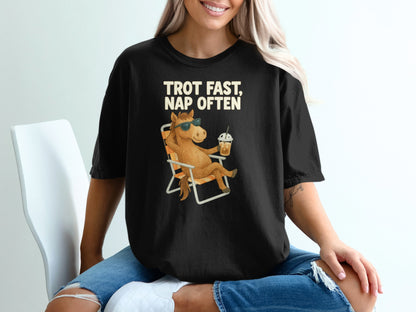 Black t-shirt with "Trot Fast, Nap Often" text and a cartoon horse.