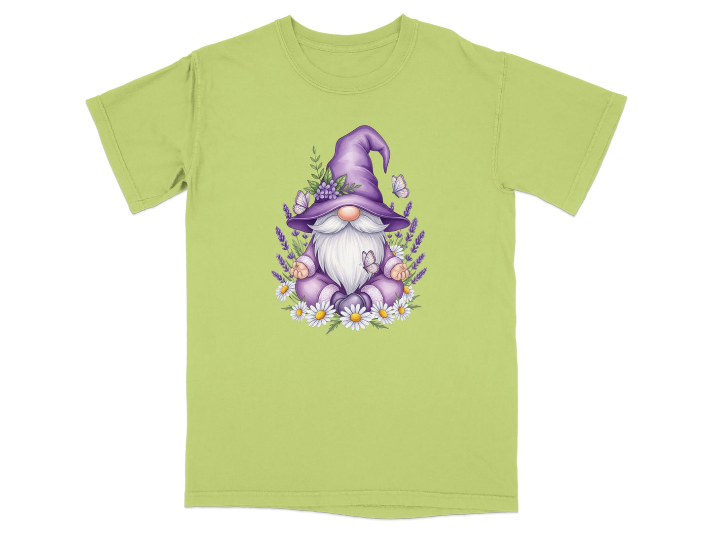 Gnome meditating with lavender and daisies, butterflies flying around.