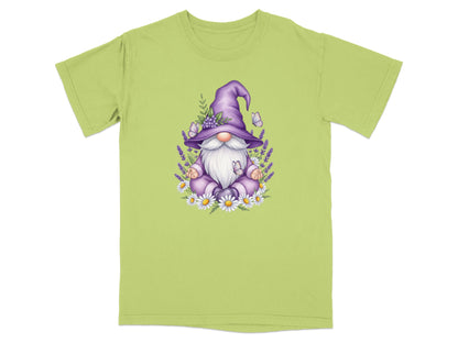 Gnome meditating with lavender and daisies, butterflies flying around.