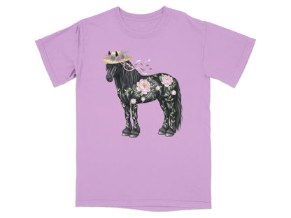 Black horse with floral accents and straw hat on purple t-shirt.