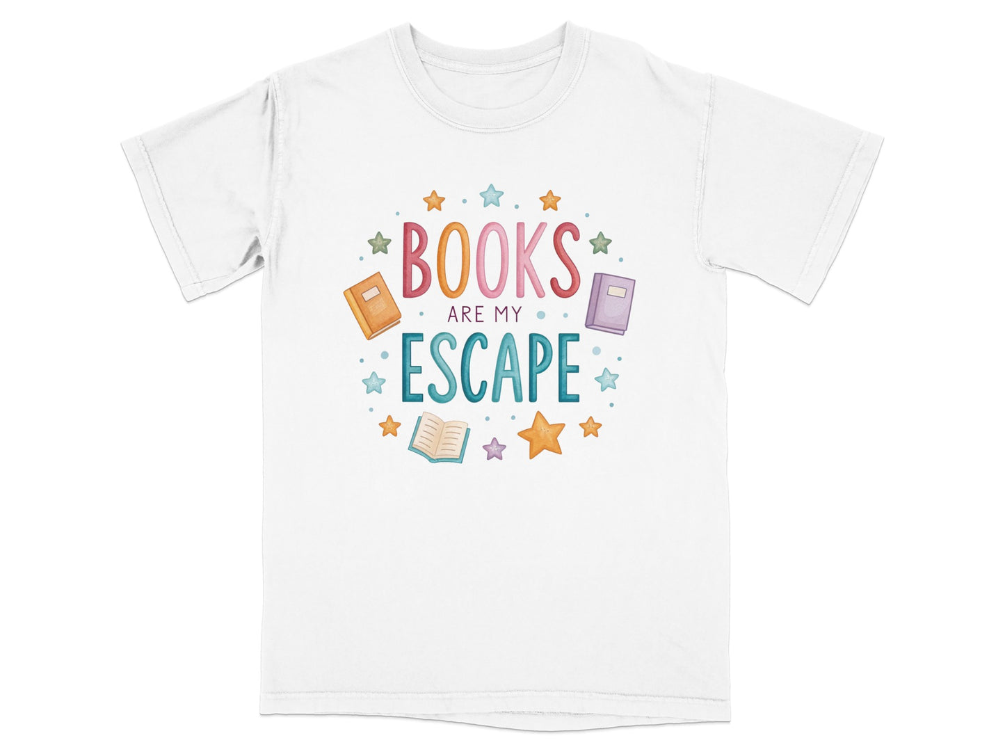 White t-shirt with colorful text "BOOKS ARE MY ESCAPE" and book illustrations.