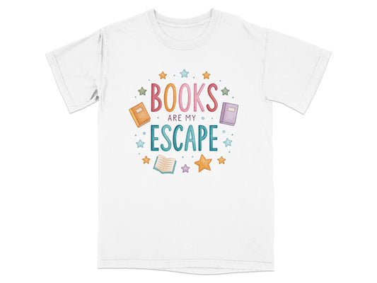 White t-shirt with colorful text "BOOKS ARE MY ESCAPE" and book illustrations.