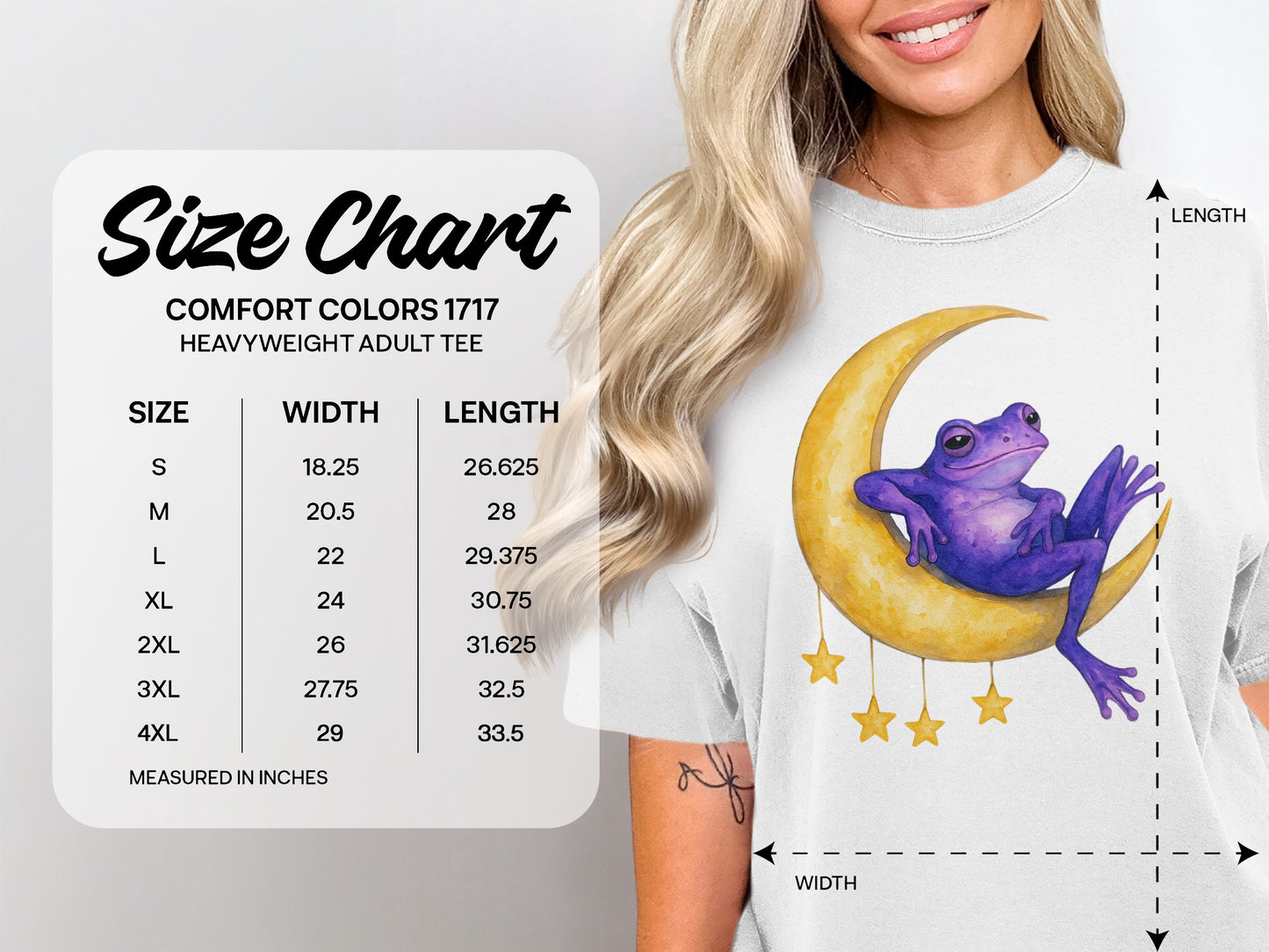 Comfort Colors size chart for heavyweight adult tees with purple frog on moon.