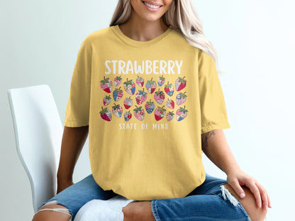 Yellow t-shirt with "Strawberry State of Mind" and patterned strawberries.