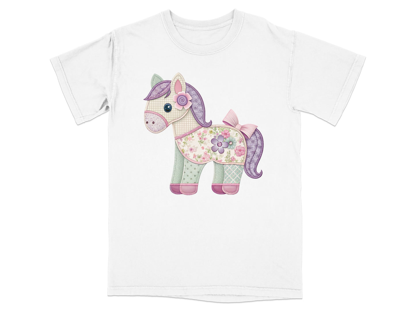 T-shirt with a cartoon horse made of patchwork fabric with floral accents.