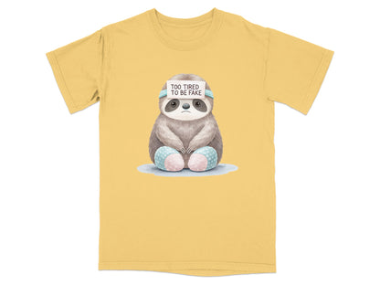 Sloth wearing a headband reading "TOO TIRED TO BE FAKE".
