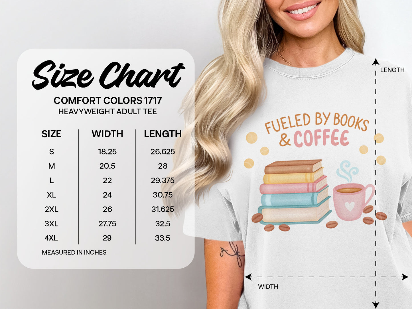 Size chart for Comfort Colors 1717 heavyweight adult tee with book and coffee graphic.