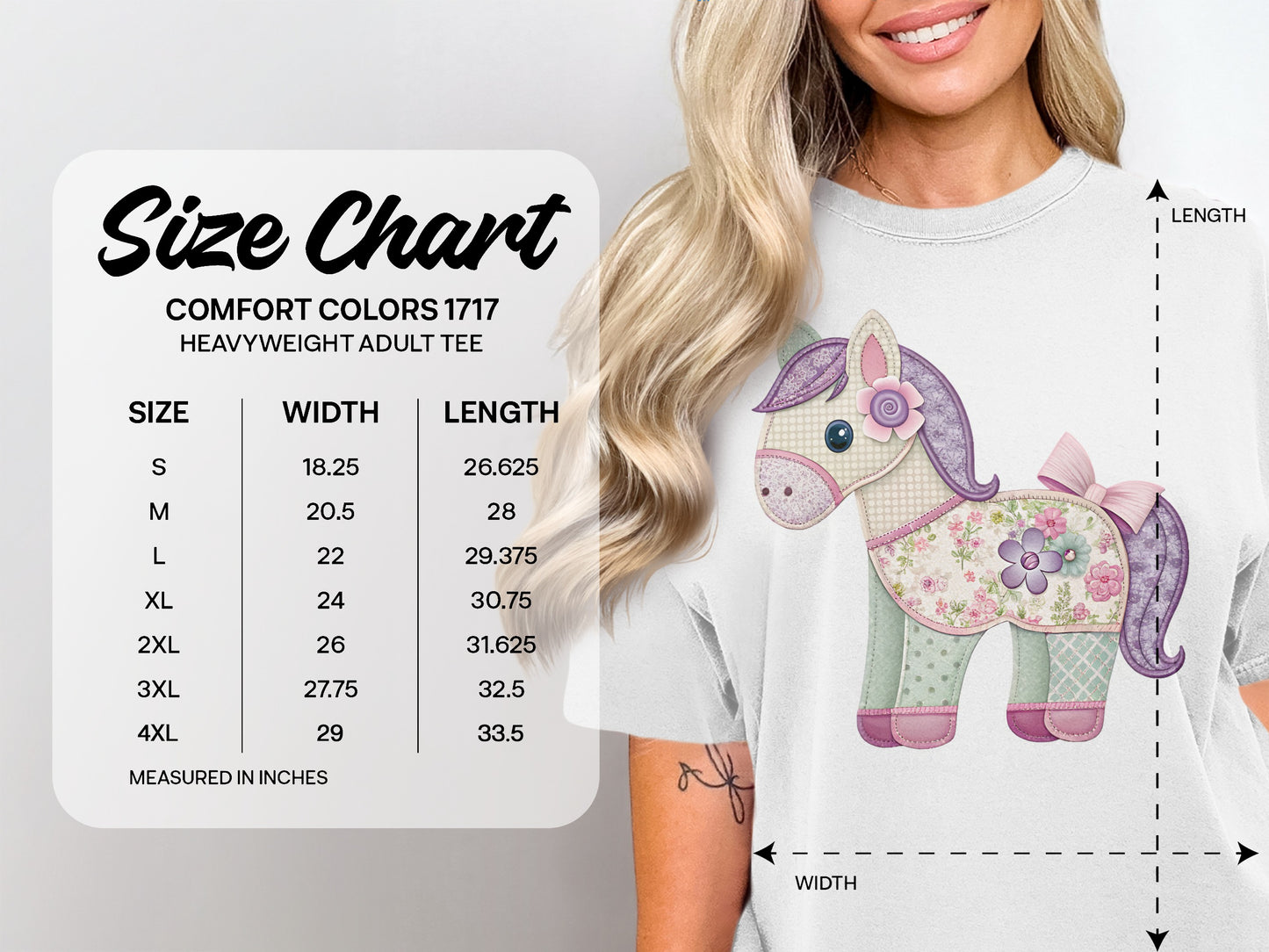 Comfort Colors 1717 heavyweight adult tee size chart with measurements in inches.