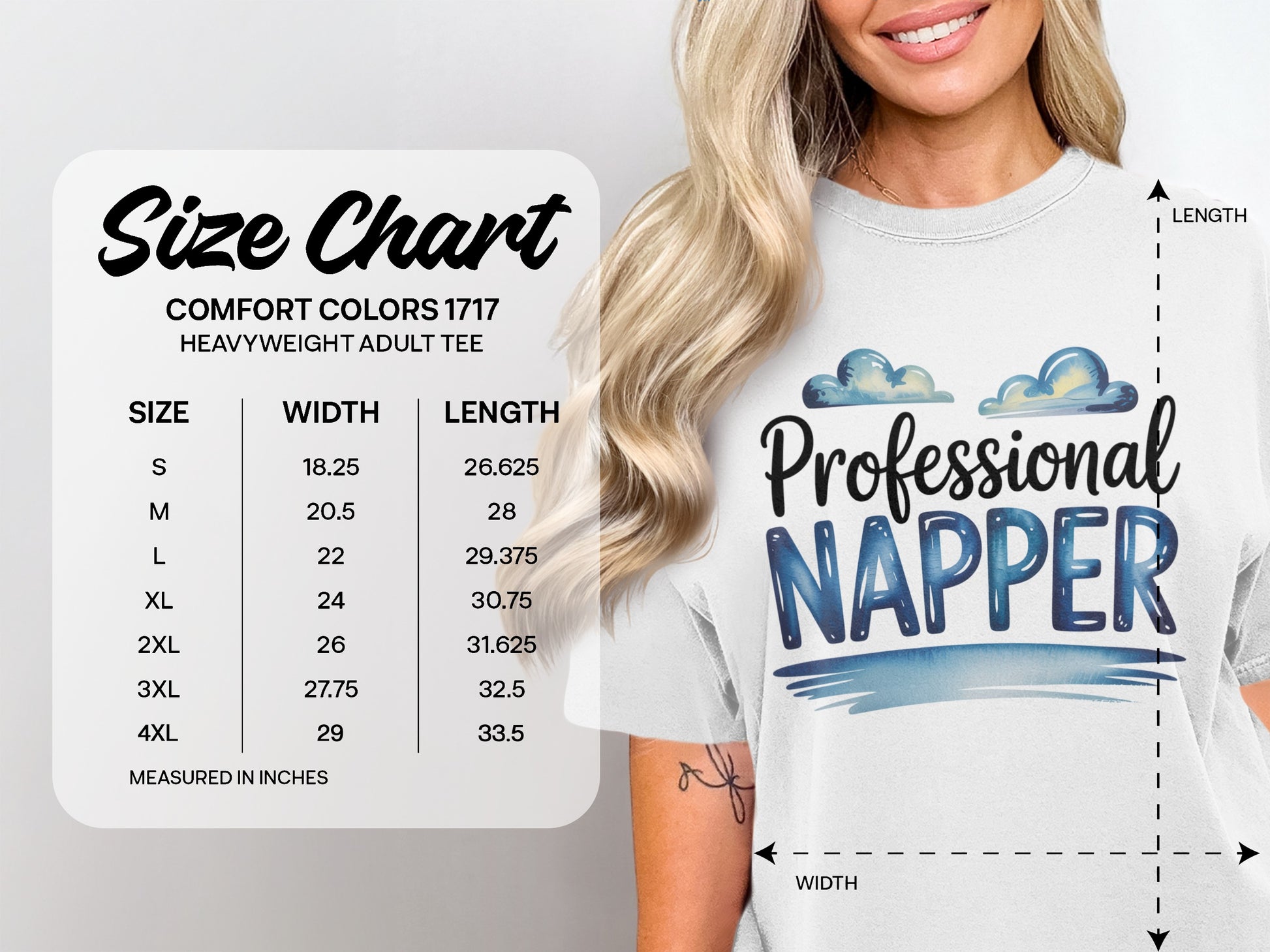 Size chart for heavyweight adult tee with "Professional Napper" text.