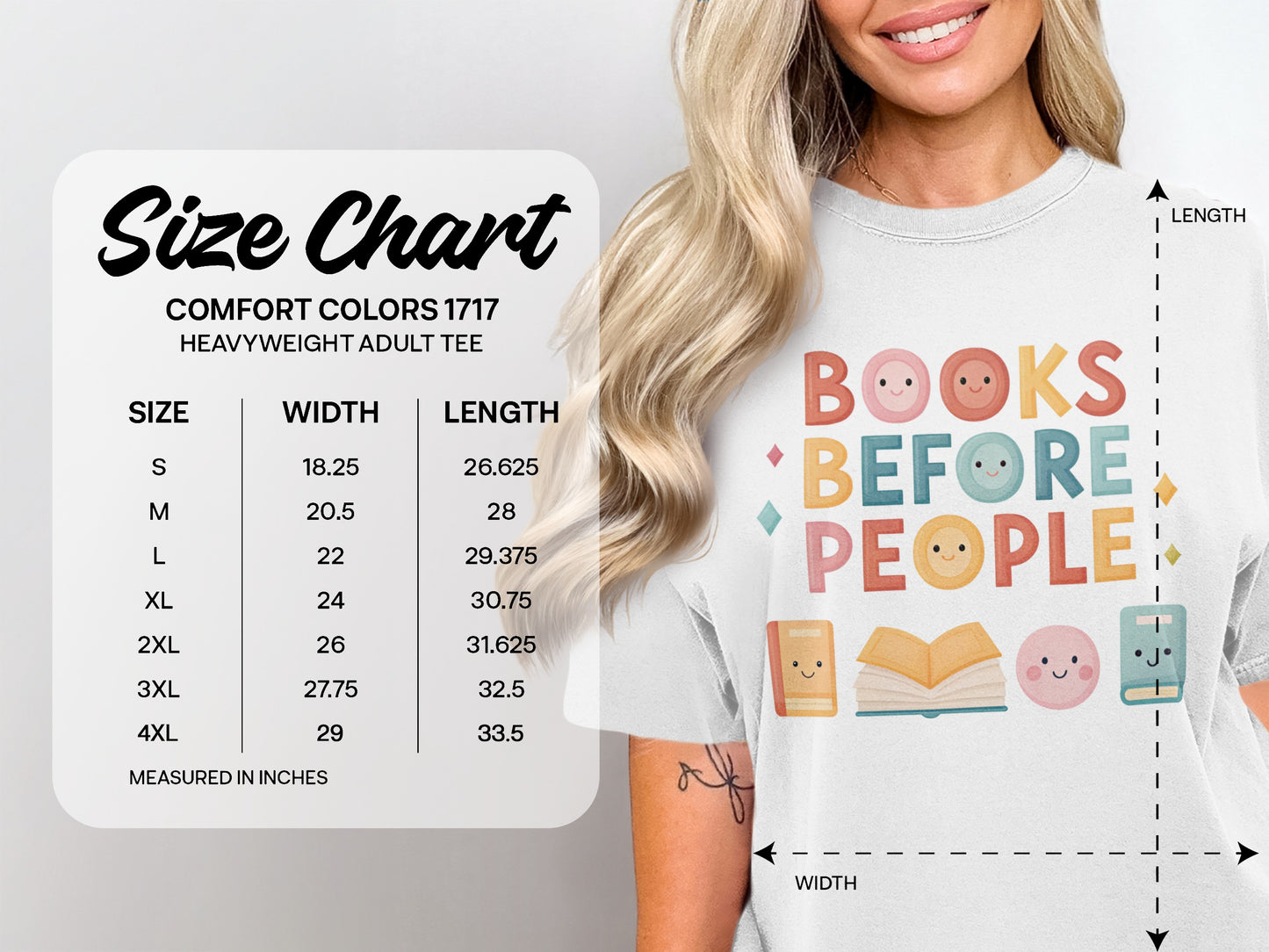 Comfort Colors 1717 size chart with "Books Before People" graphic.
