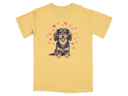 Long-haired dachshund wearing a heart necklace, surrounded by pink hearts.