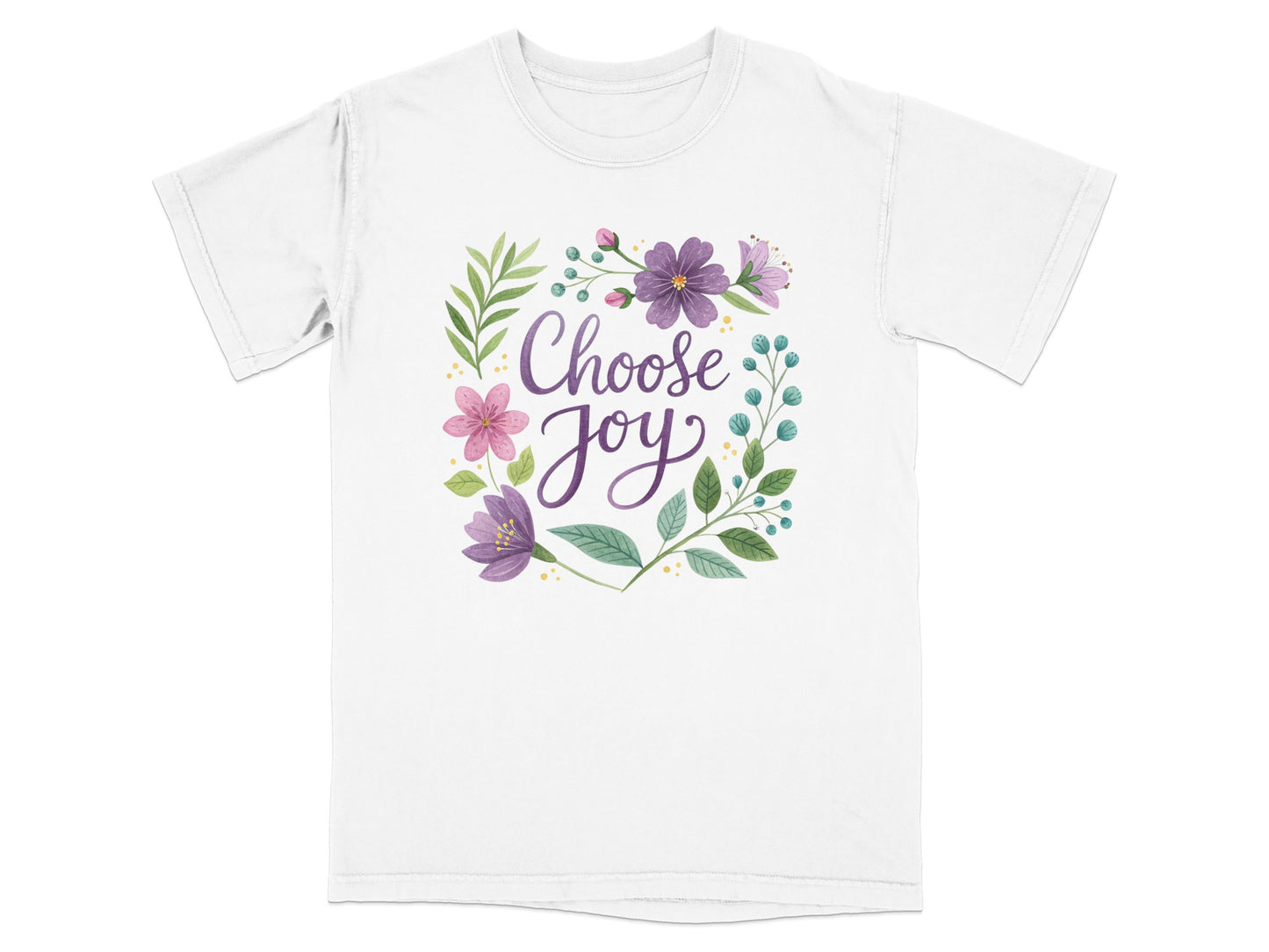 White t-shirt with "Choose Joy" in floral wreath design.