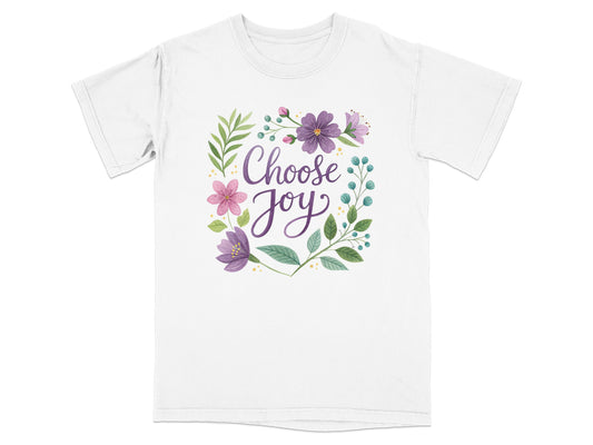 White t-shirt with "Choose Joy" in floral wreath design.