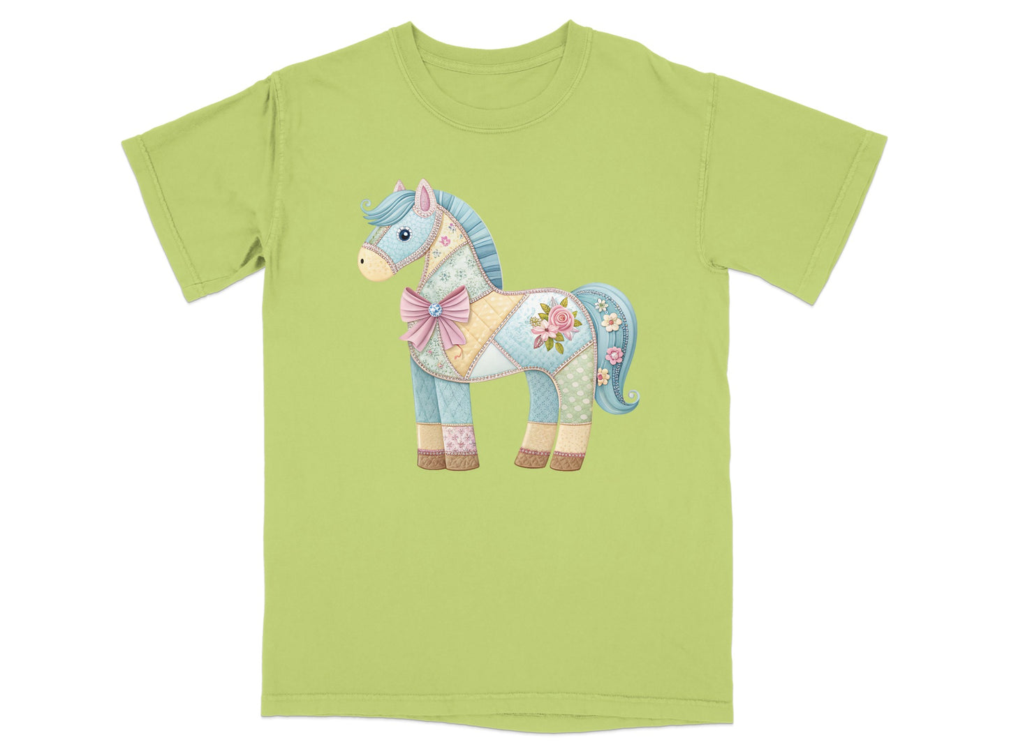 Quilted horse graphic on a light green t-shirt.