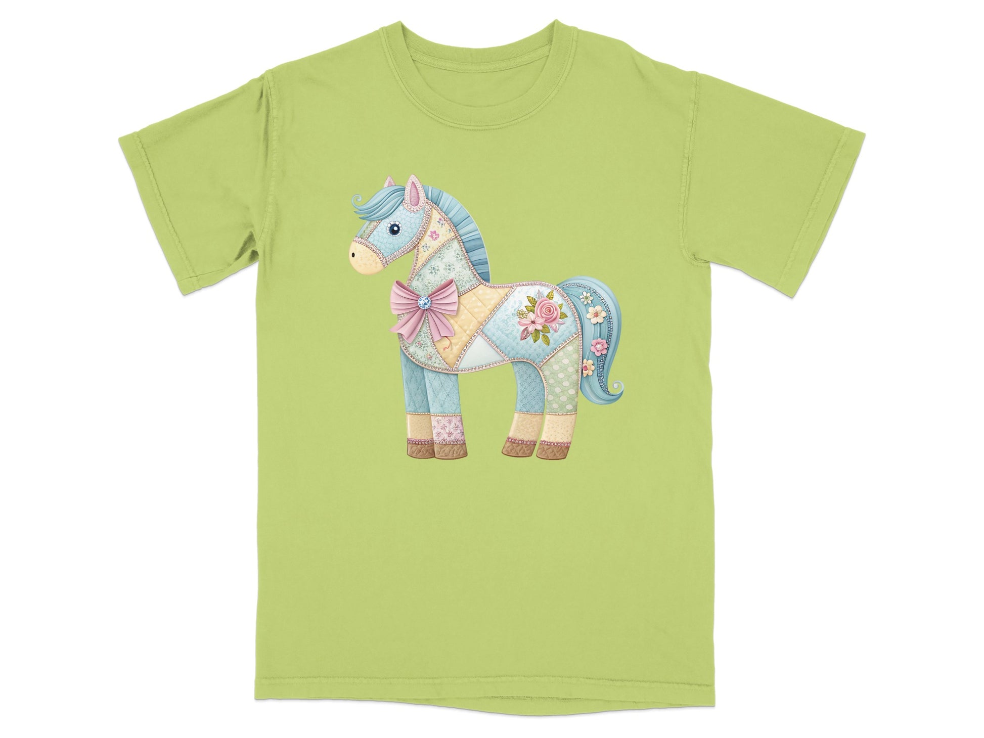 Quilted horse graphic on a light green t-shirt.
