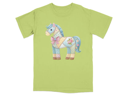 Quilted horse graphic on a light green t-shirt.