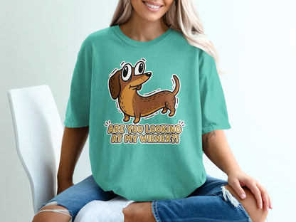 Teal t-shirt with a cartoon dachshund and text "ARE YOU LOOKING AT MY WIENER?".
