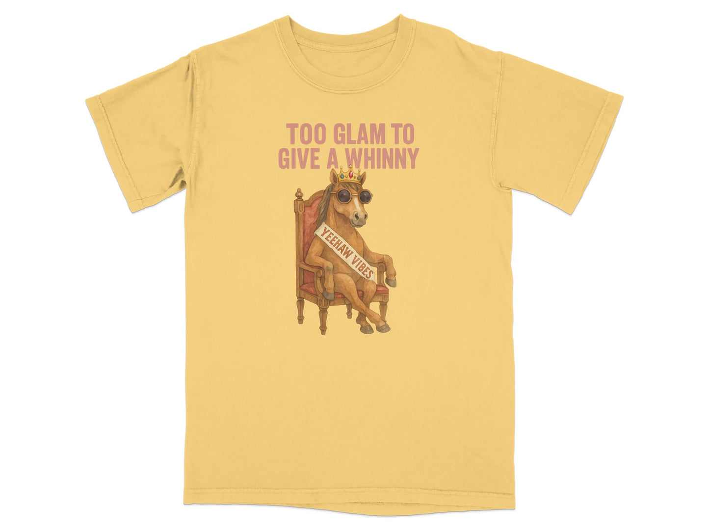 Yellow t-shirt with a horse wearing sunglasses and a crown, sitting in a chair.