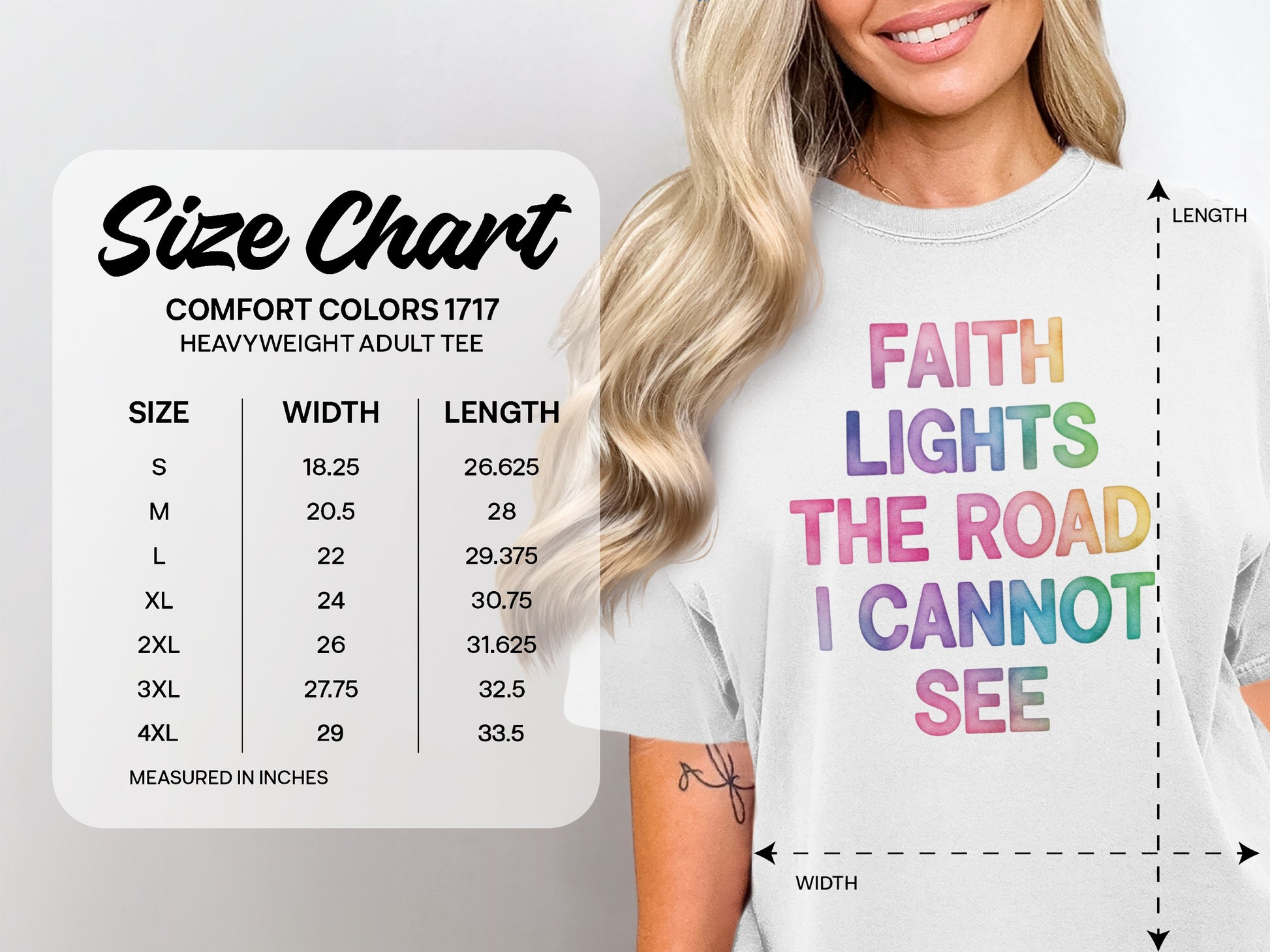 Comfort Colors 1717 heavyweight adult tee size chart with measurements.