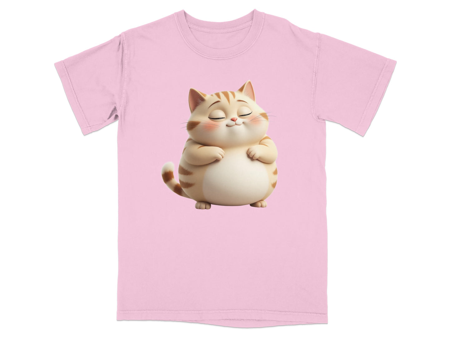 Pink t-shirt with cartoon cat illustration.