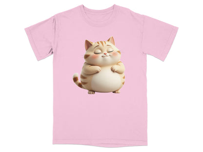 Pink t-shirt with cartoon cat illustration.