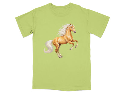 Light green t-shirt featuring a rearing palomino horse illustration.