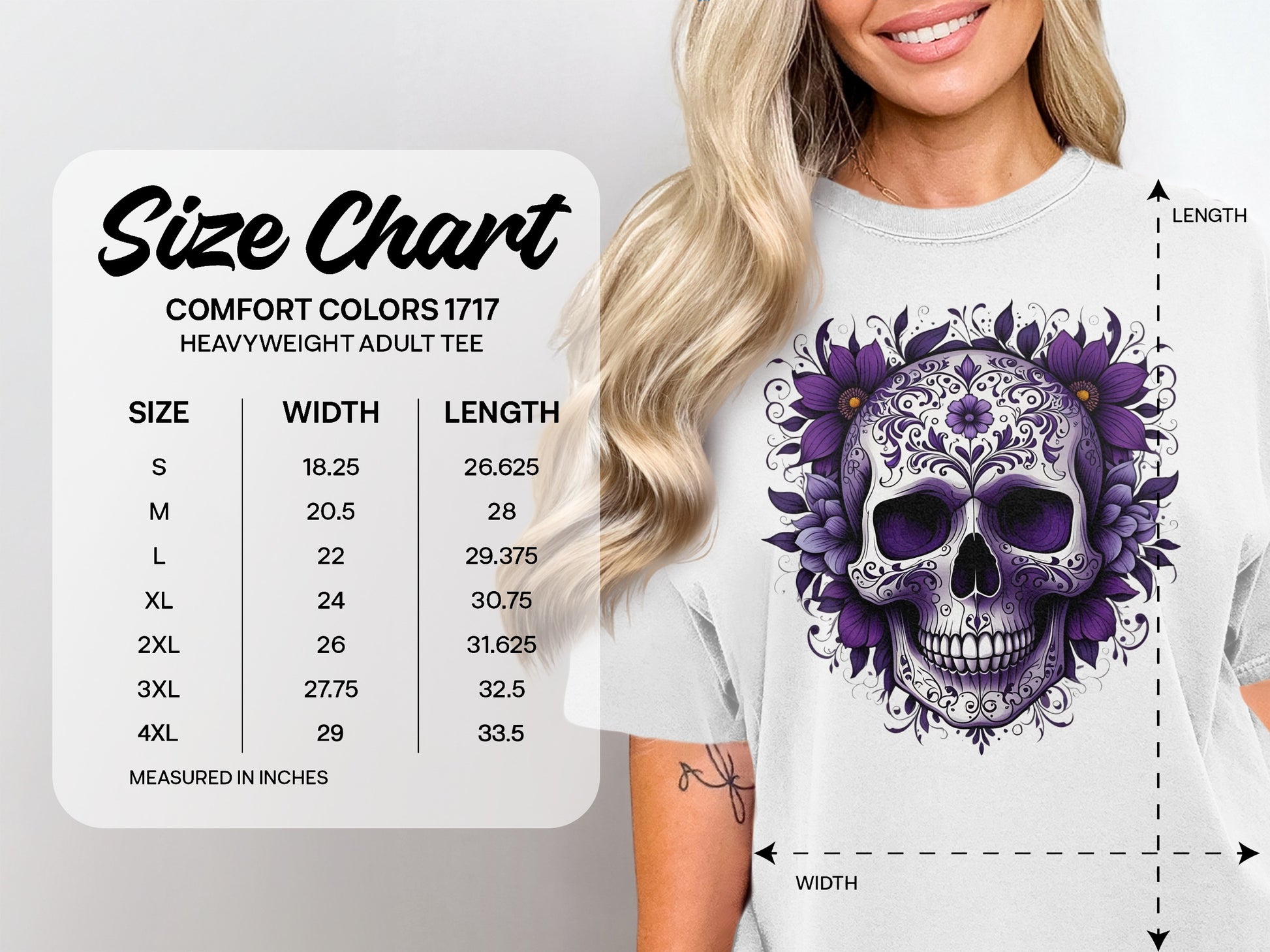 Size chart for heavyweight adult tee with skull graphic, showing measurements in inches.
