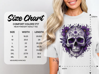 Size chart for heavyweight adult tee with skull graphic, showing measurements in inches.