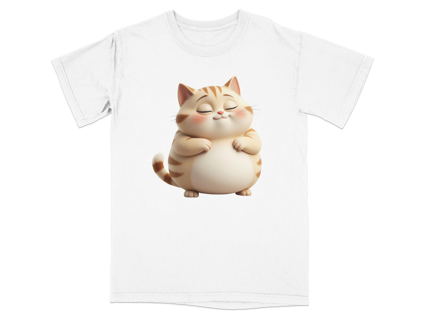 Cartoon tabby cat with closed eyes and happy expression on white t-shirt.