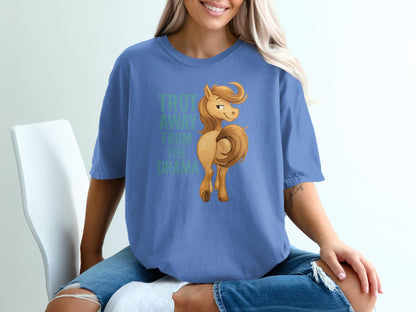 Blue t-shirt with cartoon horse and text " Trot away from the drama".