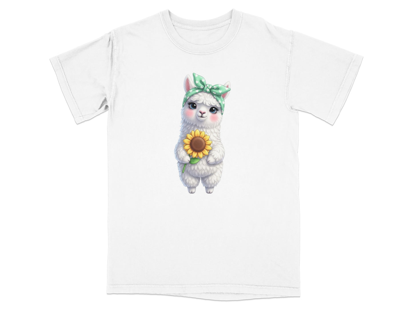 Cartoon llama wearing a green headband holding a sunflower.