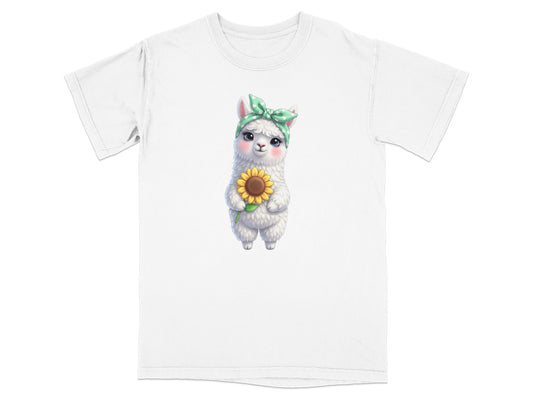 Cartoon llama wearing a green headband holding a sunflower.
