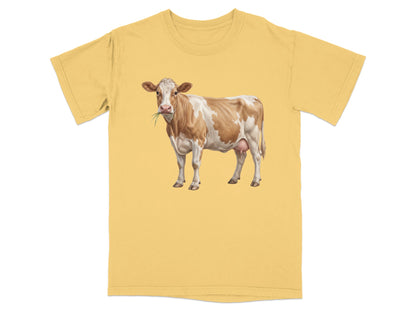 Cow illustration on a yellow t-shirt.