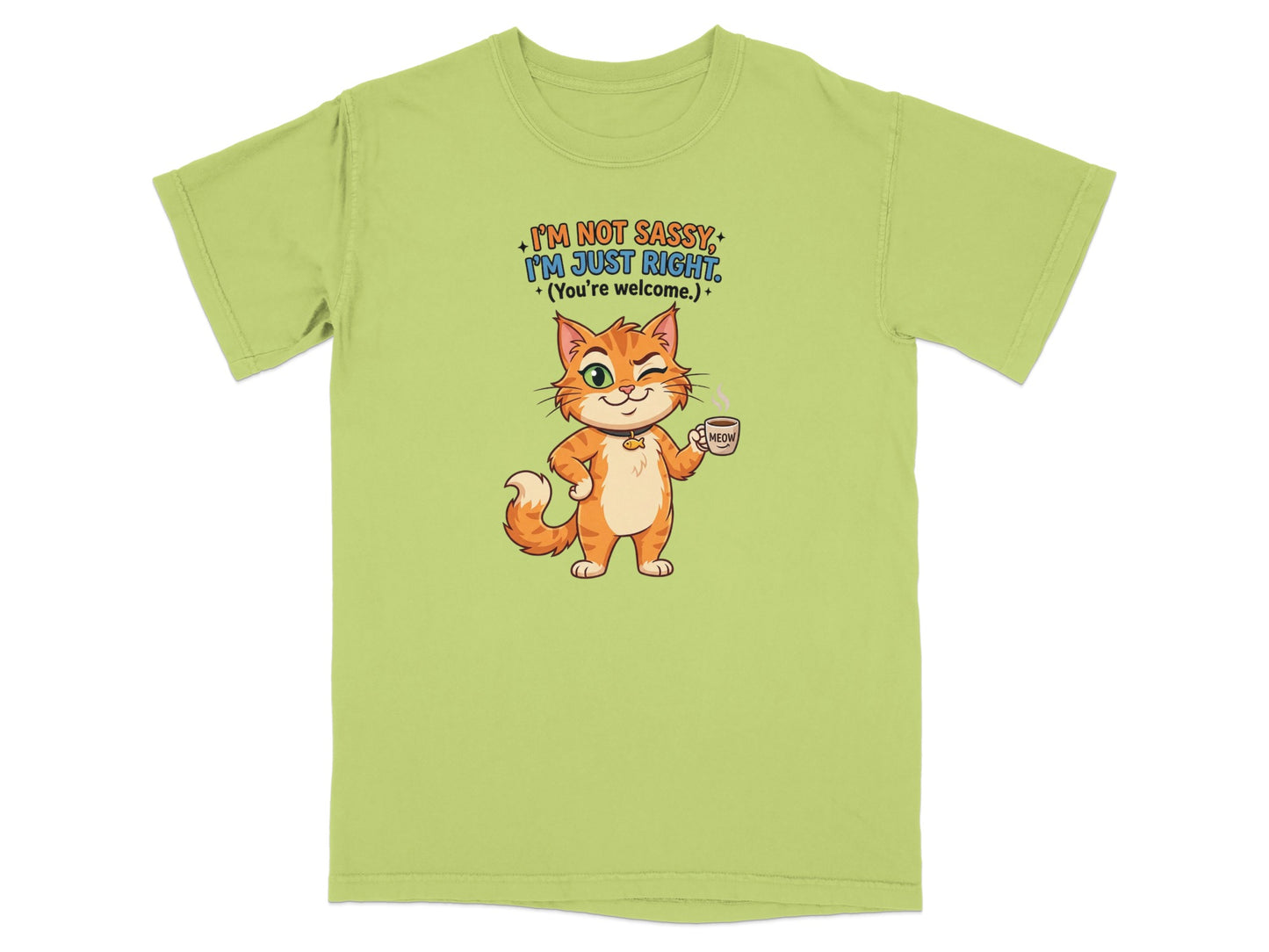 Orange cat holding coffee cup with "I'm Not Sassy, I'm Just Right" text.