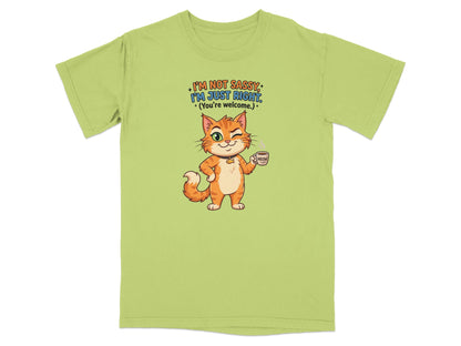 Orange cat holding coffee cup with "I'm Not Sassy, I'm Just Right" text.