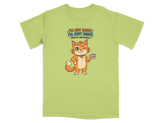 Orange cat holding coffee cup with "I'm Not Sassy, I'm Just Right" text.