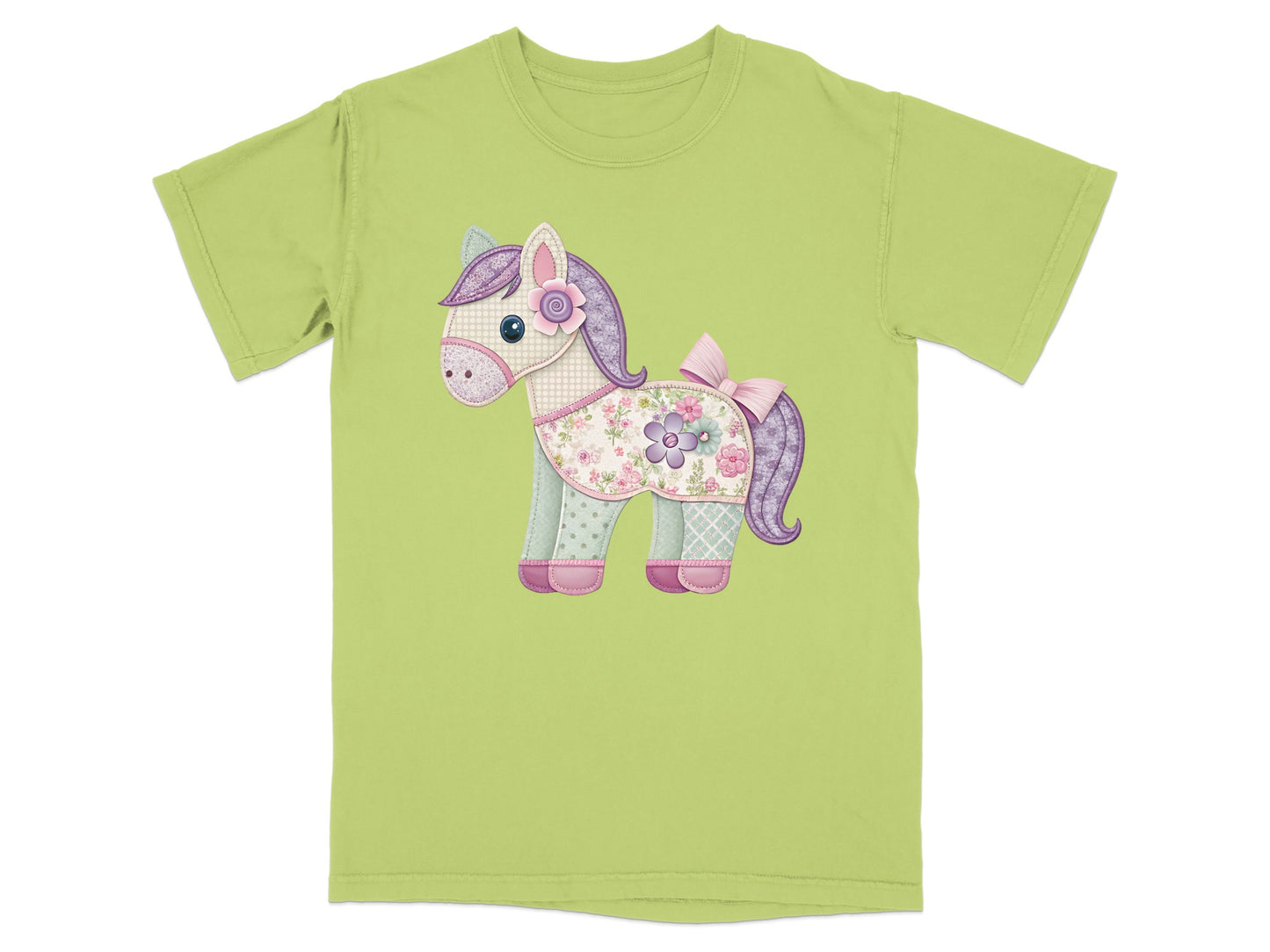 Light green t-shirt featuring a cute, stitched horse graphic with a floral saddle and pink bow.
