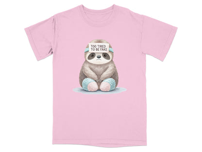 Pink t-shirt with a sloth wearing a "Too Tired to Be Fake" sign.