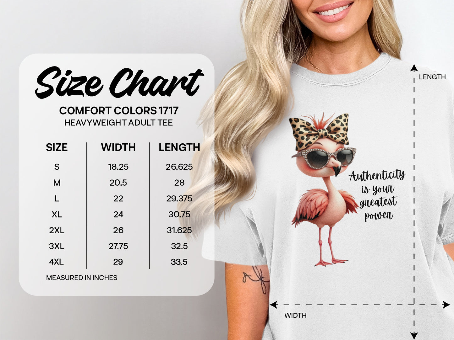 Comfort Colors heavyweight tee size chart with flamingo graphic.