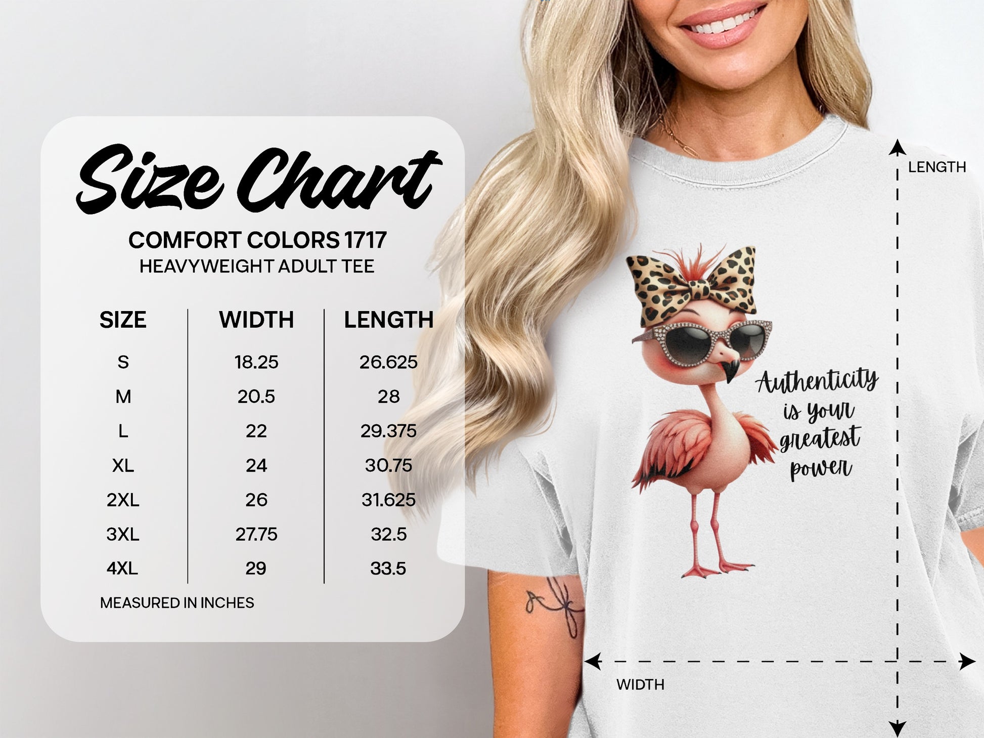 Comfort Colors heavyweight tee size chart with flamingo graphic.