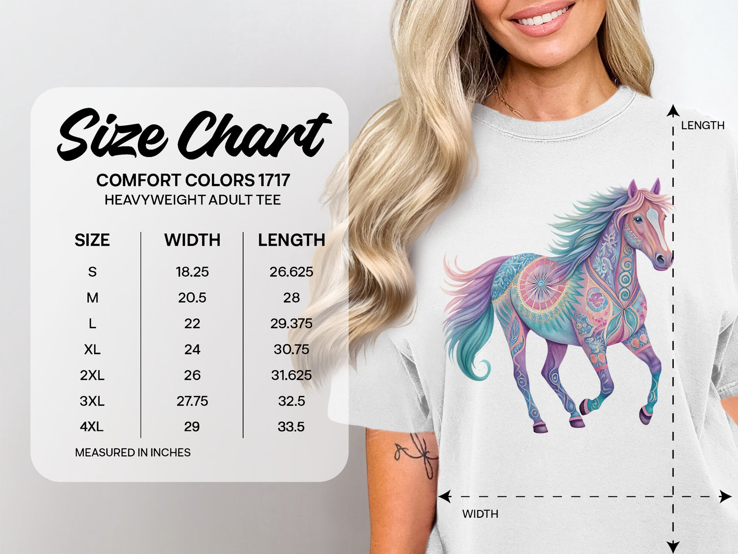Size chart for Comfort Colors 1717 heavyweight adult tee, with measurements.