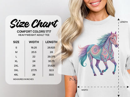 Size chart for Comfort Colors 1717 heavyweight adult tee, with measurements.