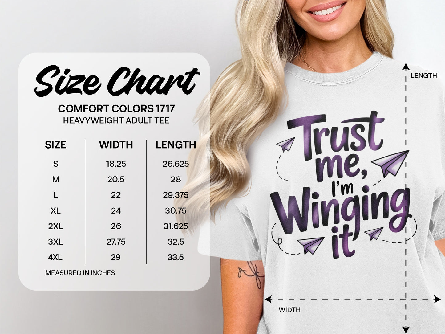 Comfort Colors 1717 size chart for heavyweight adult tees, with shirt graphic.