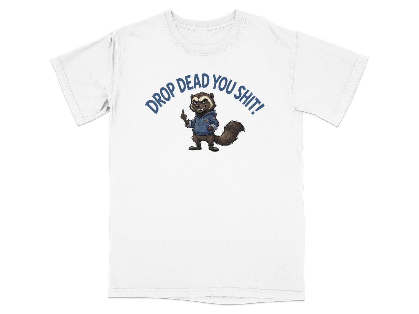 T-shirt with a cartoon badger wearing a hoodie, dropping something.